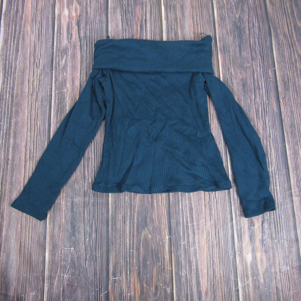 Madewell Sweater Womens Large‎ Teal Off Shoulder Ribbed Knit Foldover N0498